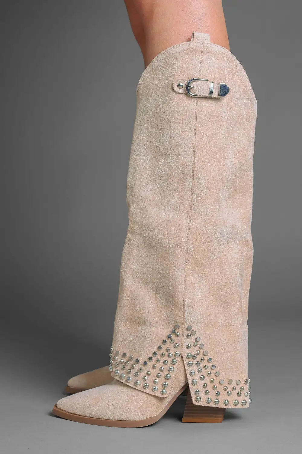 Classic Western Slouch Fold-Over Studded Knee High Boots