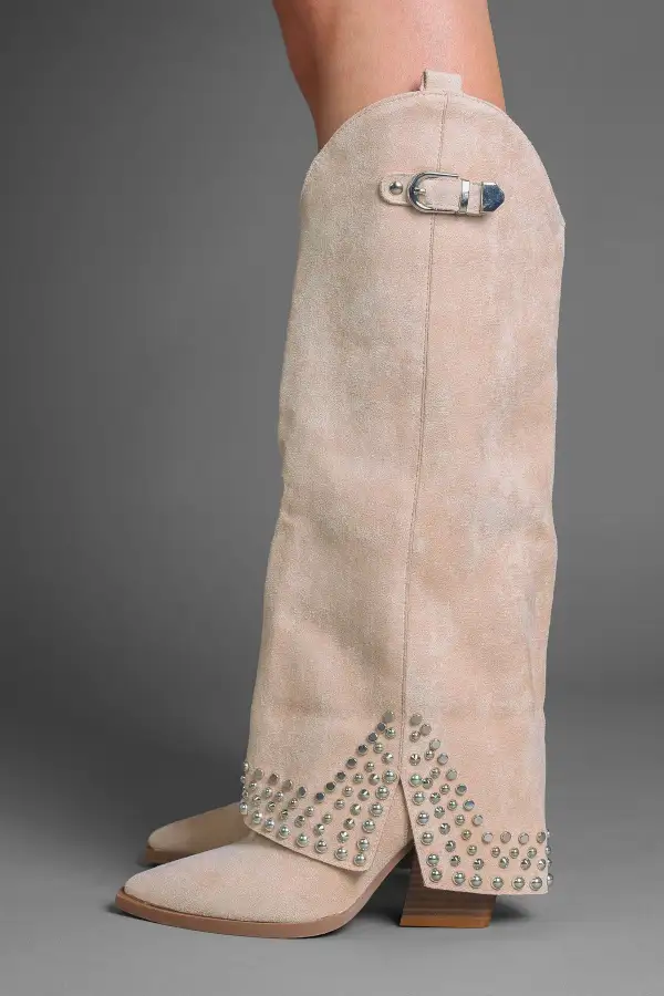 Classic Western Slouch Fold-Over Studded Knee High Boots