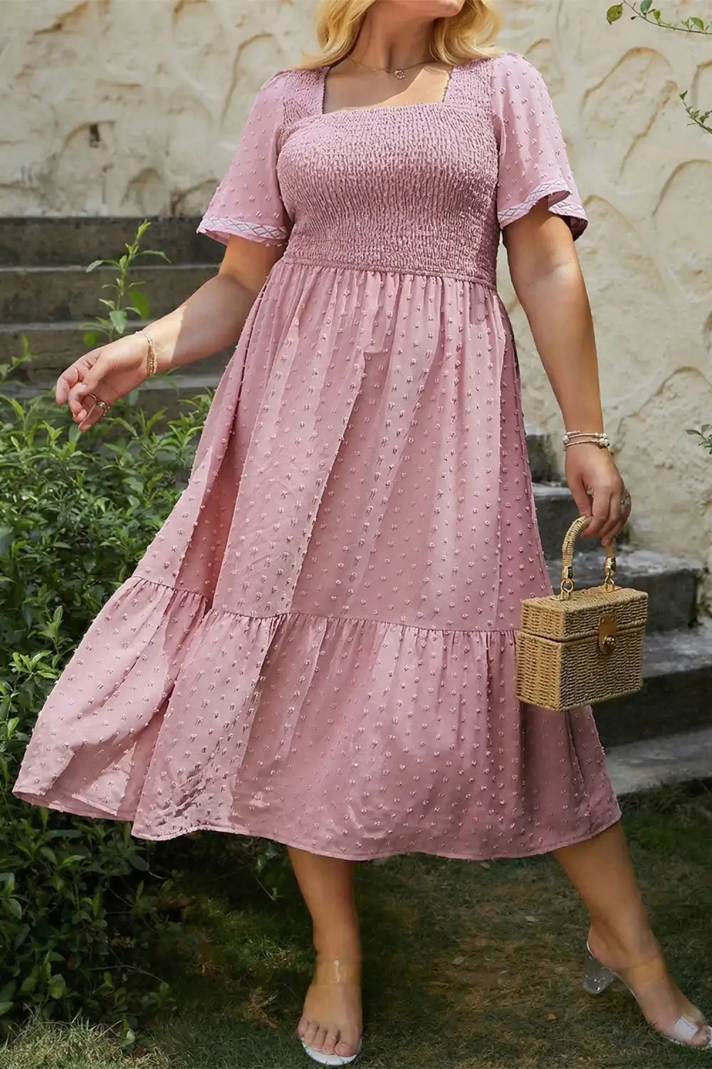 Smocked Short Sleeve High Waist Midi Dress