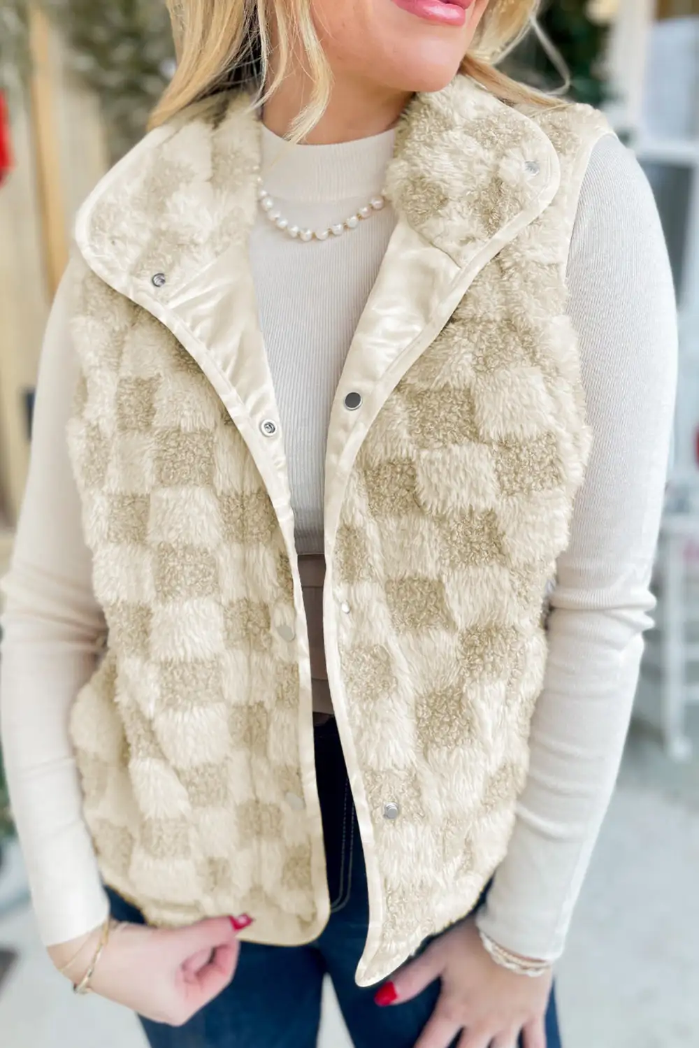 Checkerboard Snap Button Pocket Detail Sherpa Vest