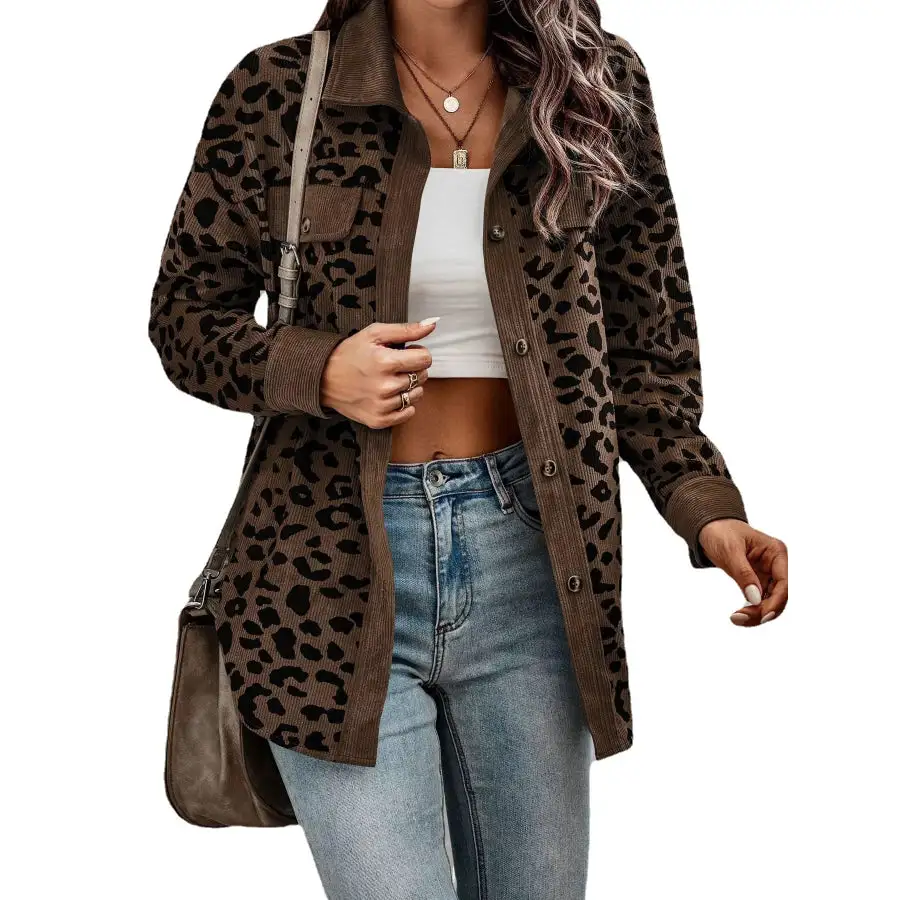 Full Size Leopard Print Button Down Jacket Plus Size