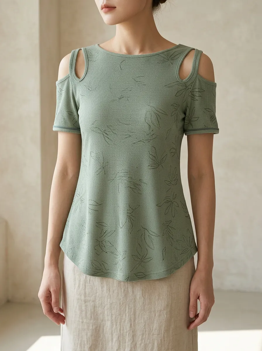 Women's Sage Green Leaf Pattern Printed Cold Shoulder Top