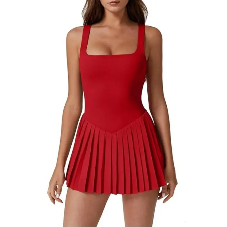 Women's Square Neck Tennis Dress with Built-in Shorts & Pockets – Pleated Sleeveless Golf Athletic Dress