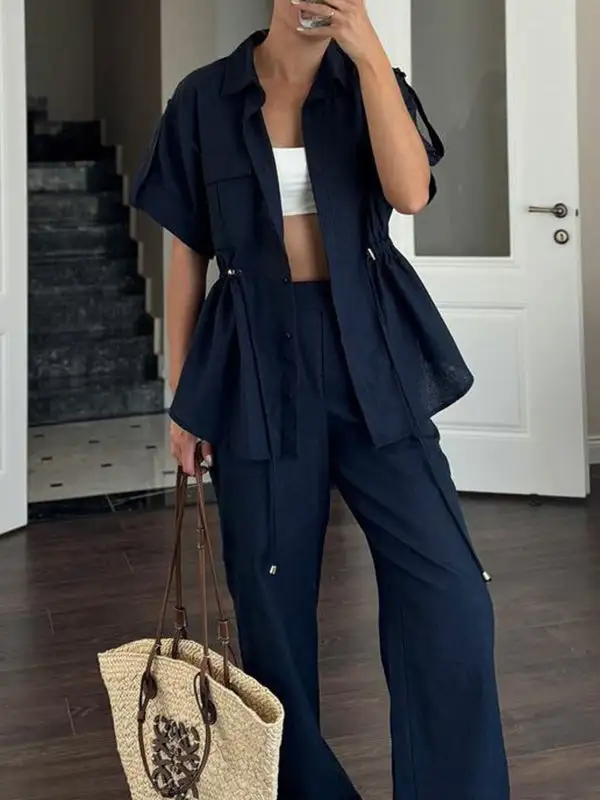 Relaxed Drawstring Blouse And Pants Set