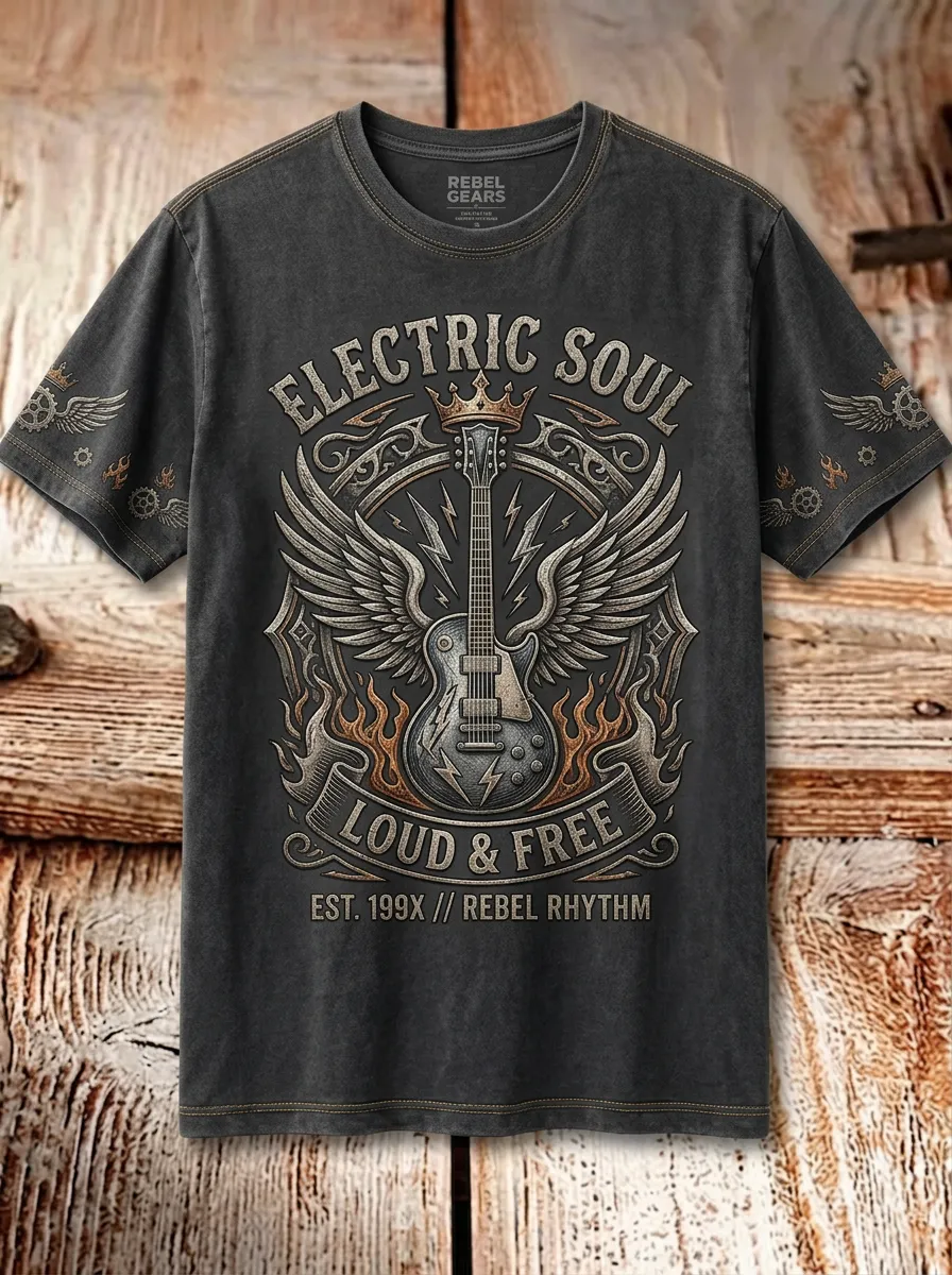 Men's Rock Music Lover Electric Guitar Winged Crown Printed T-shirt