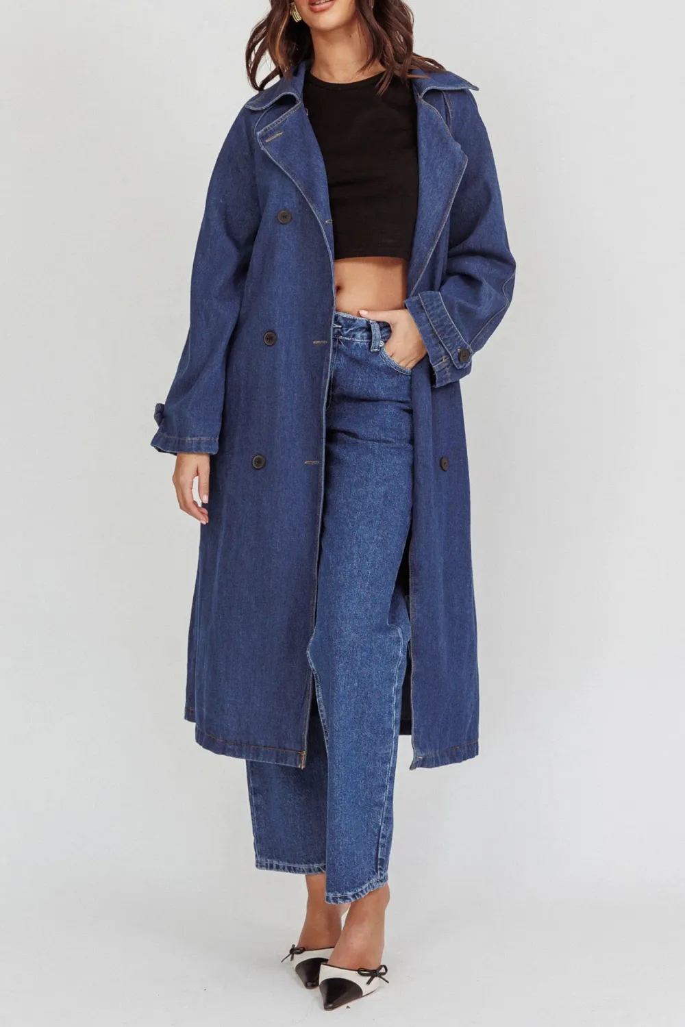 Elegant Cotton Denim Long Coat