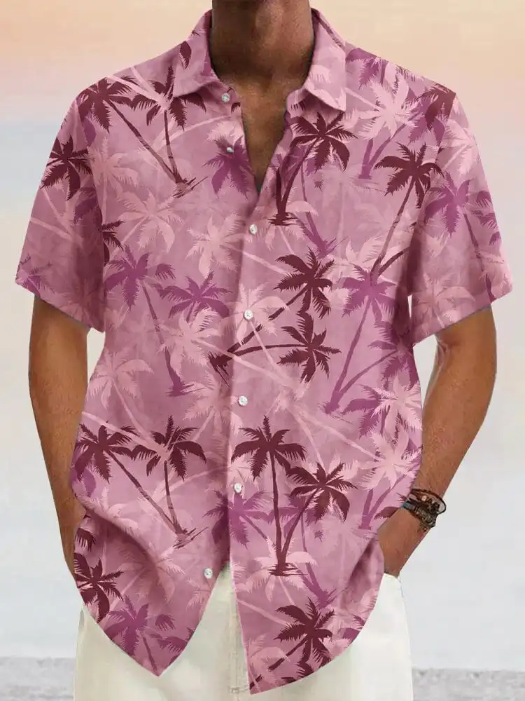 Hawaiian Coconut Tree Graphic Cotton Linen Shirt