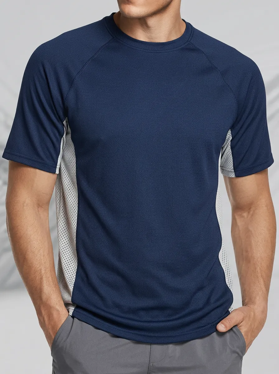 Men's Sports Fitness Two-Tone Mesh Panel Printed T-Shirt