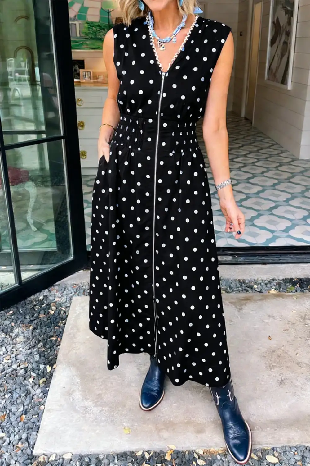 Polka Dot Printed V Neck Dress Casual