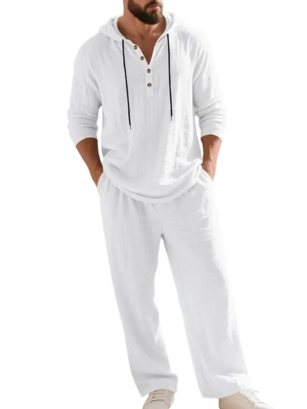 Men's fashionable linen hooded two-piece set, casual vacation style