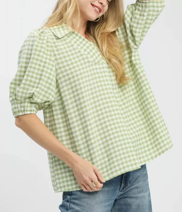 Modern Puff Sleeve Collared Gingham Blouse