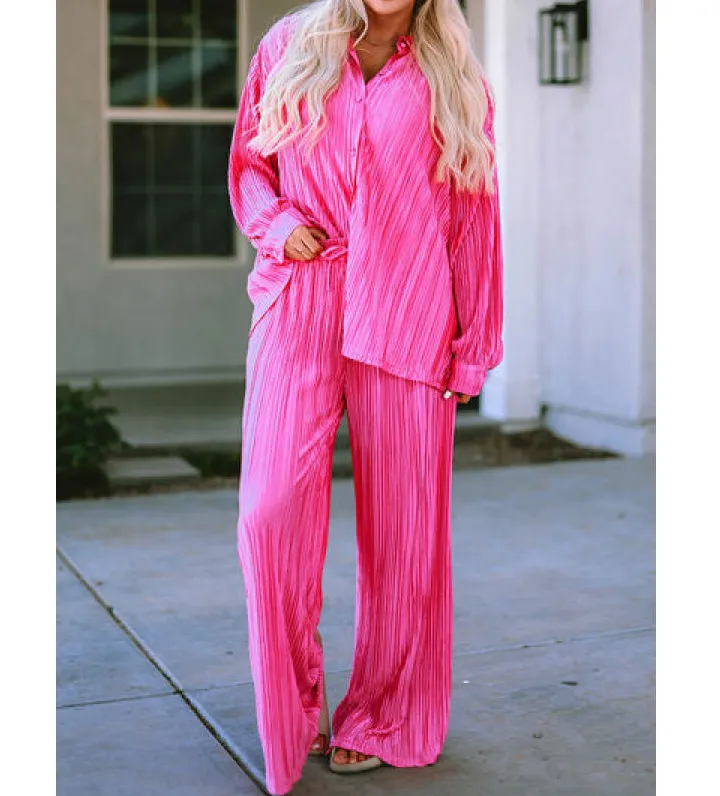 Pleated Button Up Shirt and Wide Leg Pants Set