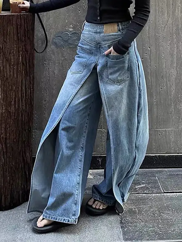 Wide Leg Layered Look Reversible Pocket Jeans