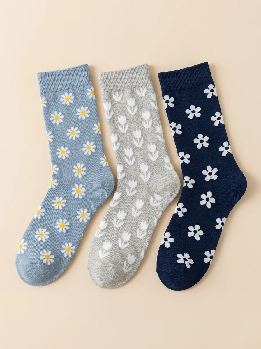 Garden Daisy Tulip Floral Three Pair Sock Set