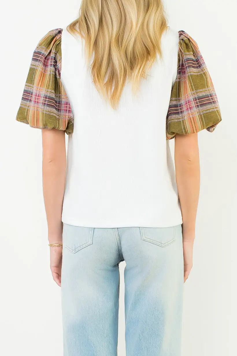 Plaid Ribbed Mixed Media Relaxed Top