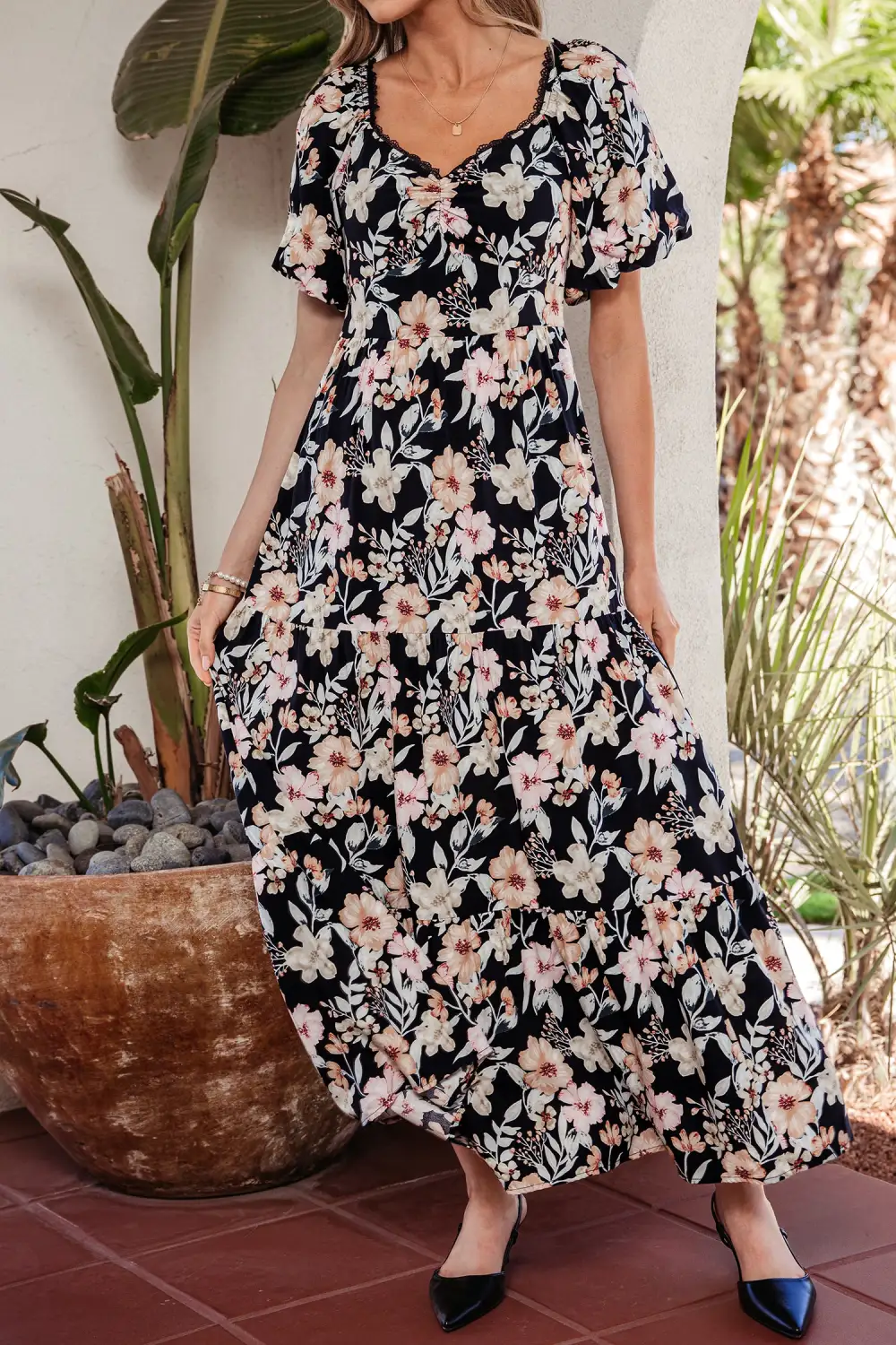 Floral Smocked Short Sleeve Maxi Dress