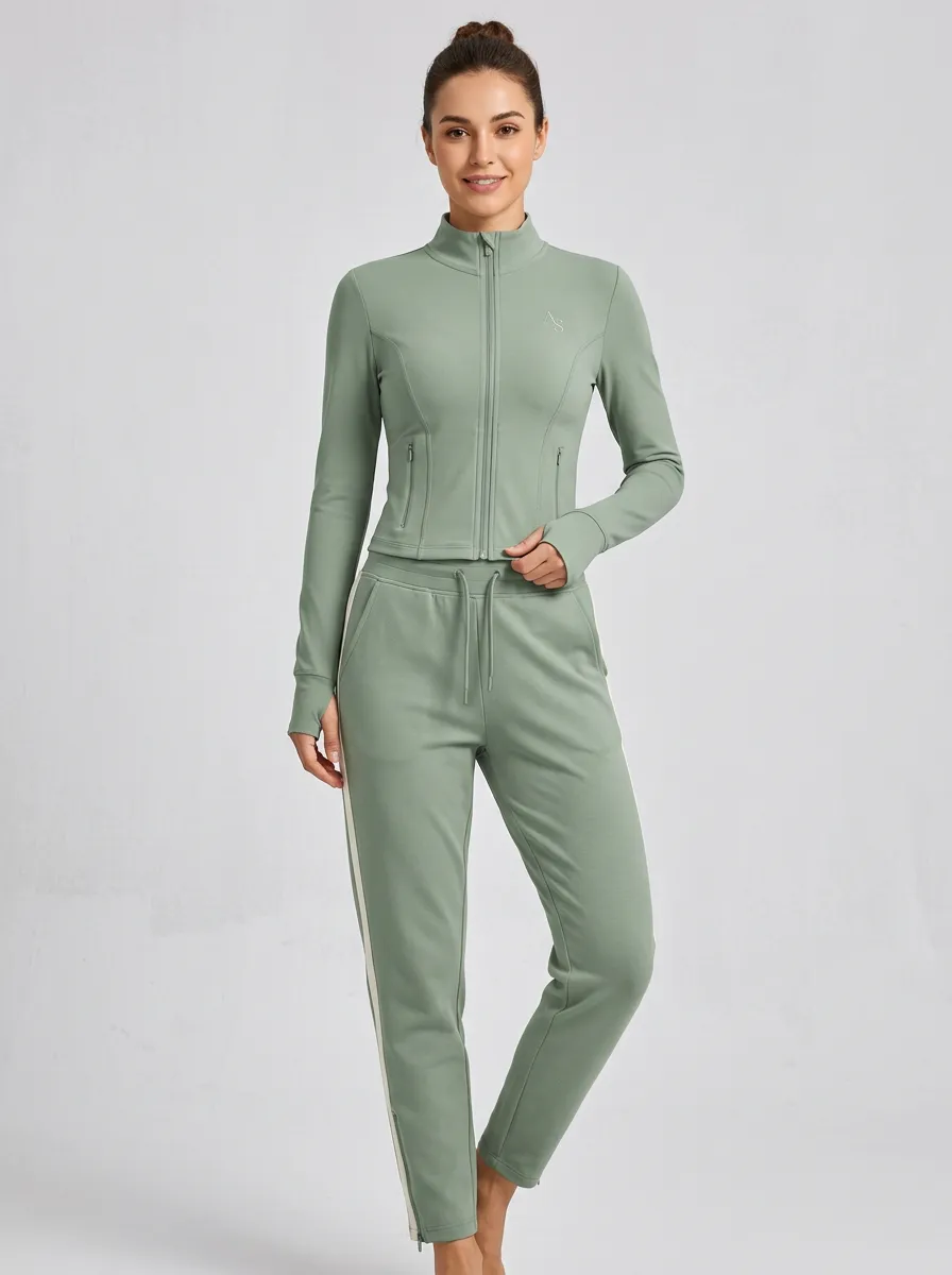 Women's Sage Green Side-Stripe Zip-Up Jacket & Jogger Set