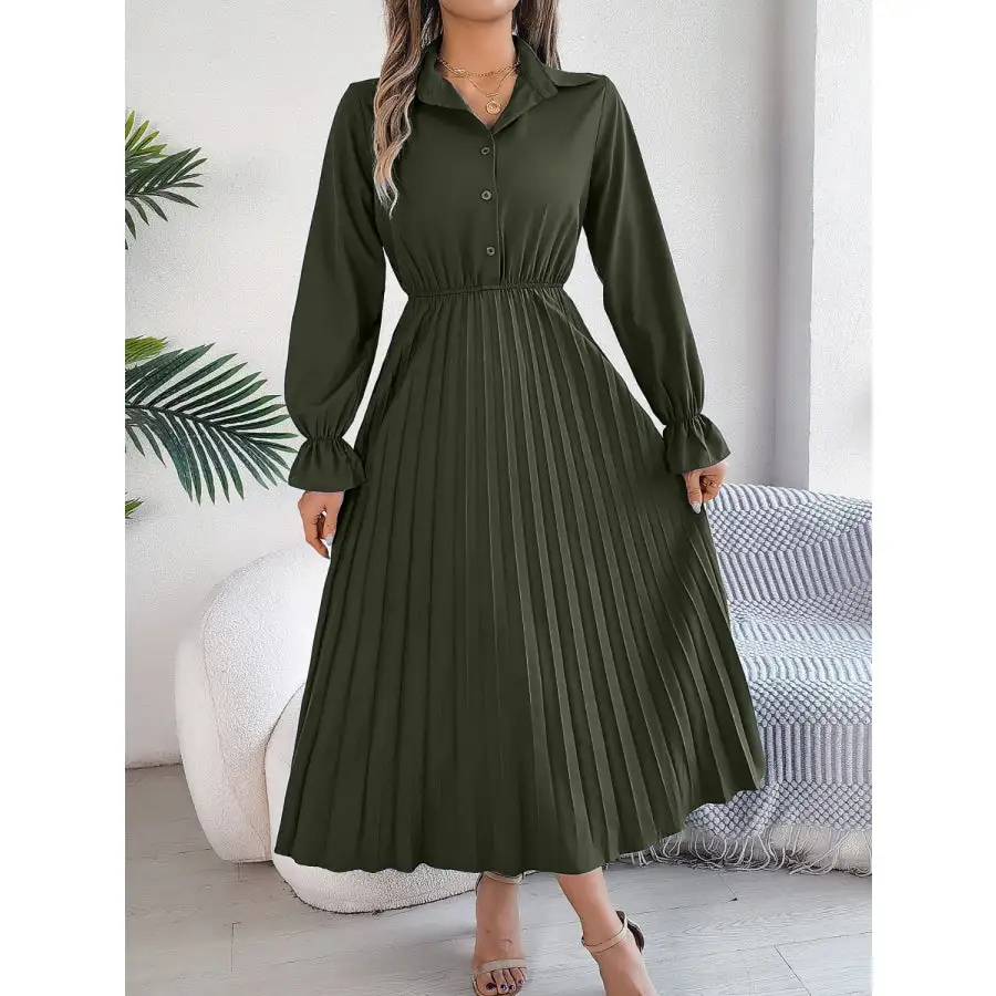 Pleated Half Button Long Sleeve Midi Dress