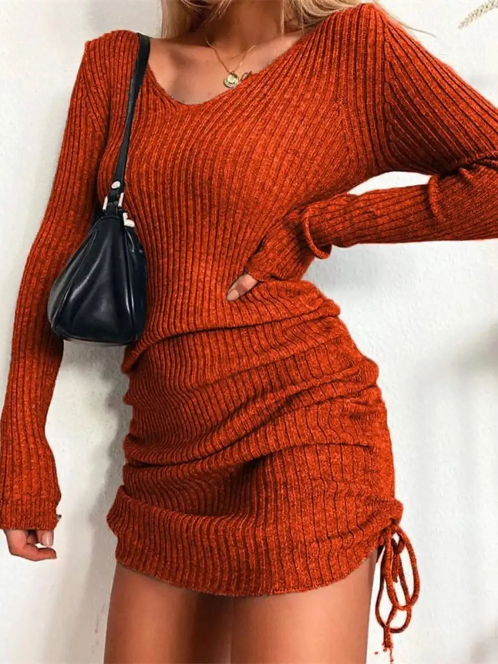 Ribbed Knit Drawstring Sweater Dress