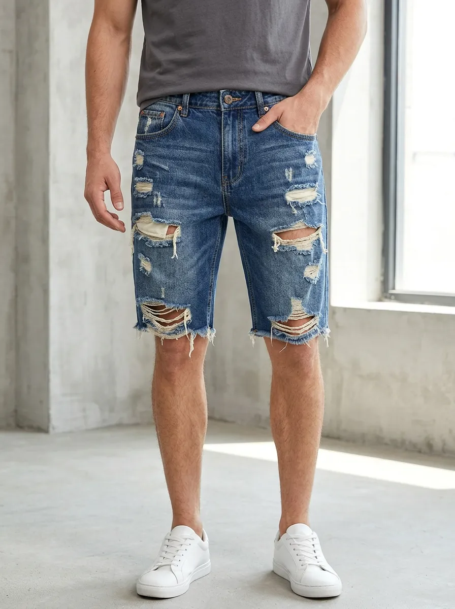 Men's Five Pocket Detail Ripped Denim Shorts