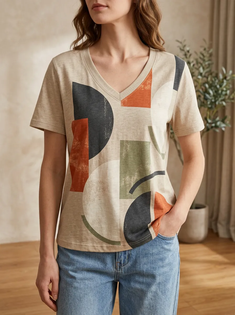 Women's Fluid Abstract Geometric Pattern V-Neck T-Shirt