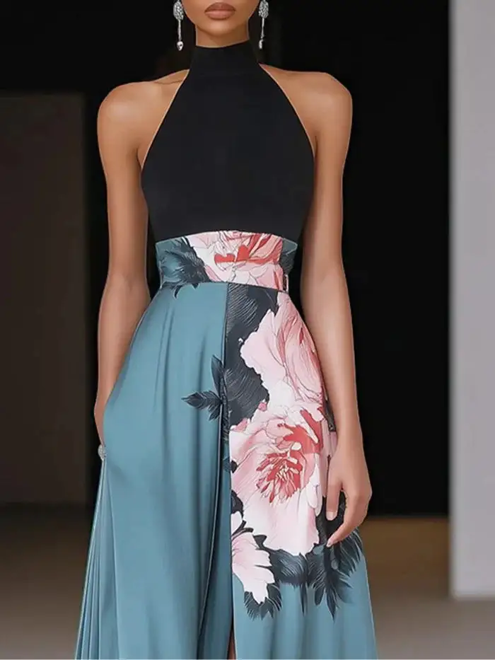 A Line High Neck Sleeveless Floral Maxi Dress