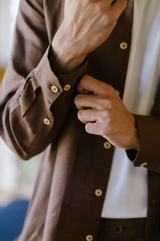 Brown Linen Button-Up Shirt