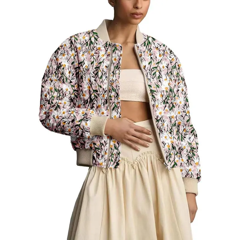 Women's Ramie Linen Embroidered Daisy Cropped Bomber Jacket with Quilted Puffer Sleeves & Two Side Pockets Outerwear