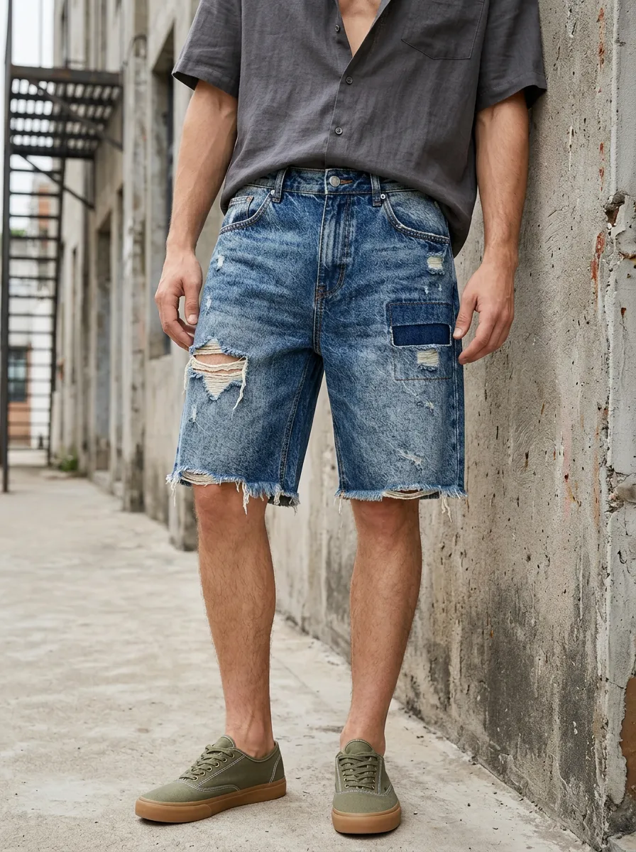 Men's Distressed Patchwork Acid Wash Denim Shorts