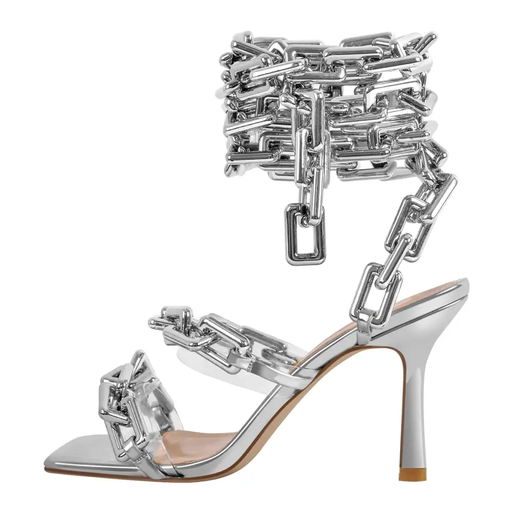 Square Toe Metal Chain Lace Up Stiletto Sandals
