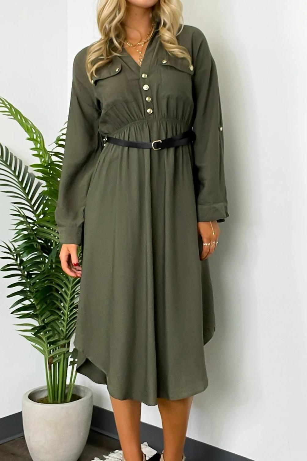 Button Down Belted Midi Dress