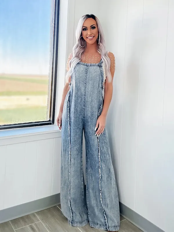 Vintage Washed Raw Edge Wide Leg Jumpsuit