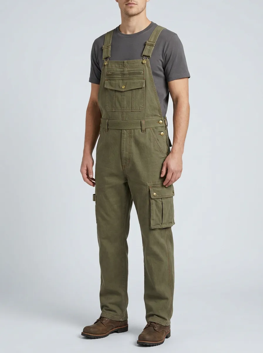 Men's Utility Olive Green Side-Button Cargo Bib Overalls