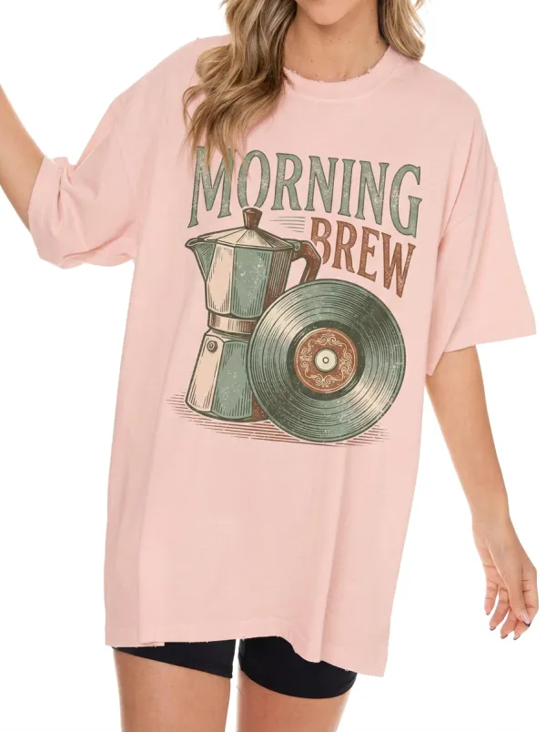Women's Coffee Music Moka Pot Vinyl Graphic T-Shirt