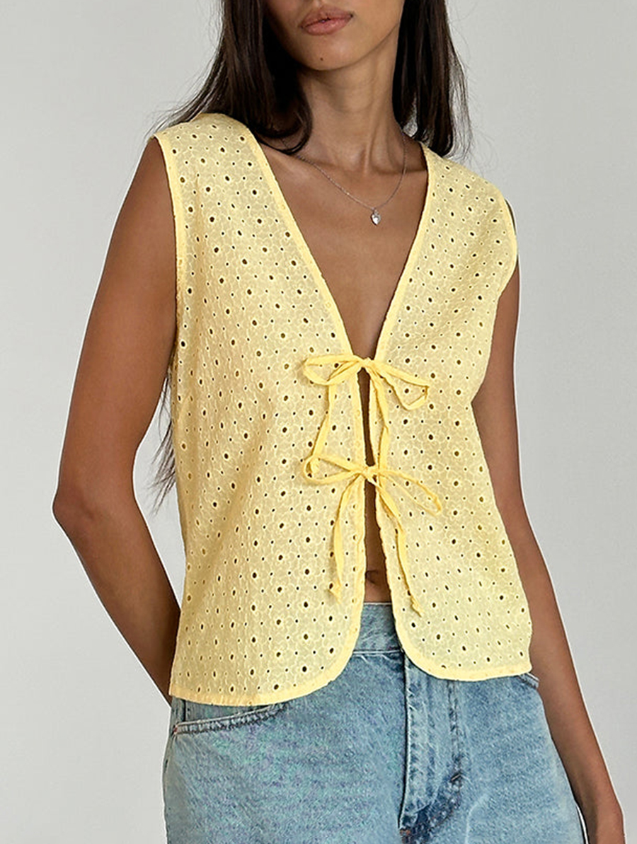 Broderie Yellow Tie Front Top