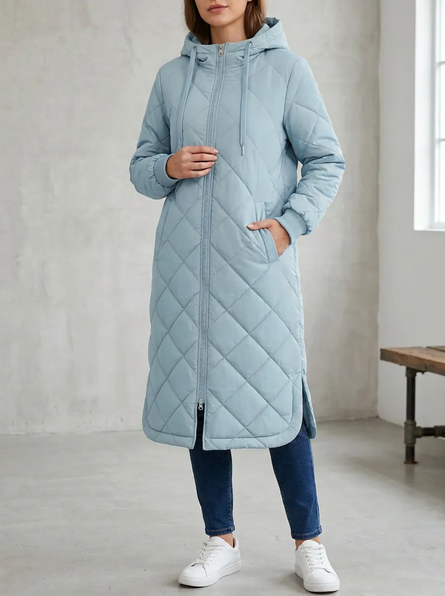 City-Layer Diamond-Quilted Long Hooded Coat