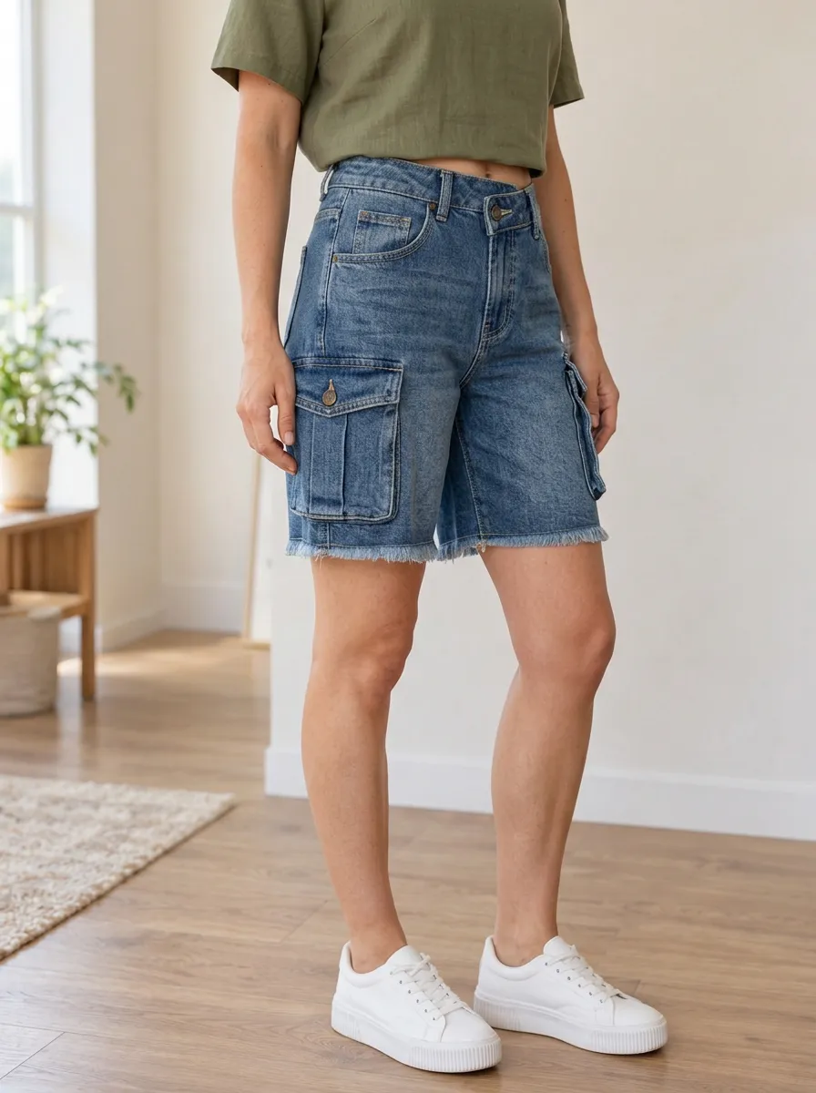 Women's Modern High-Waisted Cargo Pocket Raw Hem Cargo Denim Shorts