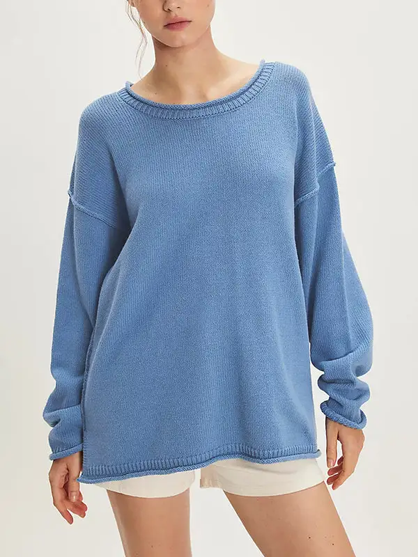 Paneled Round Neck Long Sleeve Relaxed Fit Easy Fit Sweater