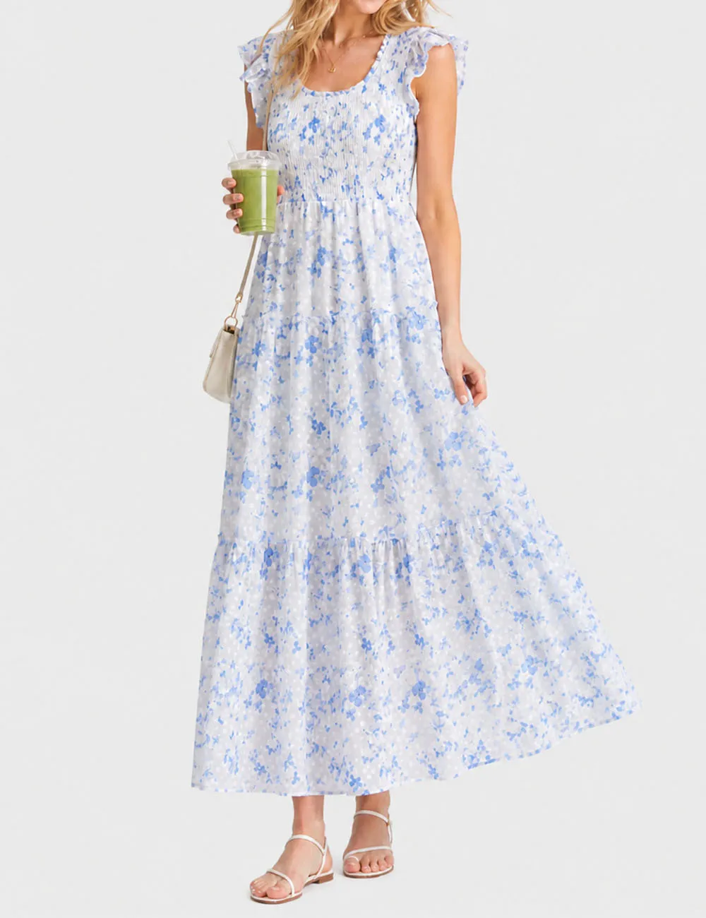 Ruffle Sleeves Tiered Hem Smocked Maxi Dress