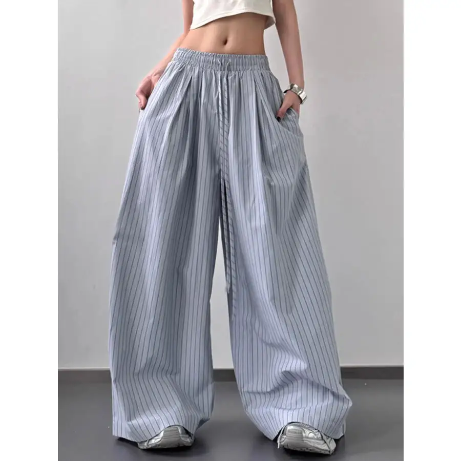 Soft Striped Wide Leg Drawstring Pants