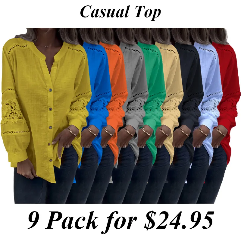 5PACK-Women'S Lace Stitching Cotton And Linen Shirt