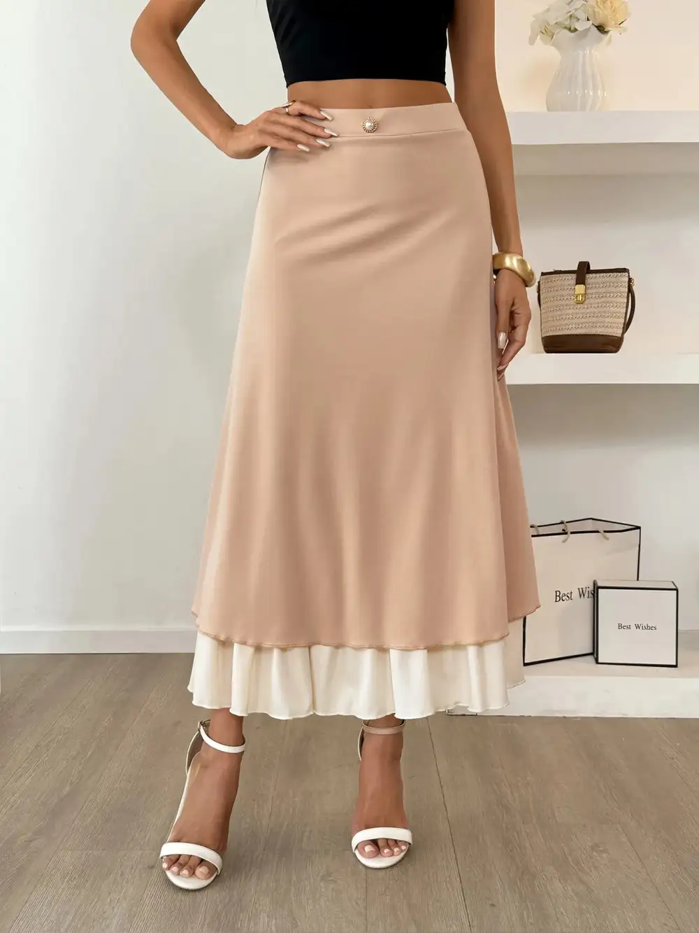 Layered Midi Skirt With Contrast Hem Detail