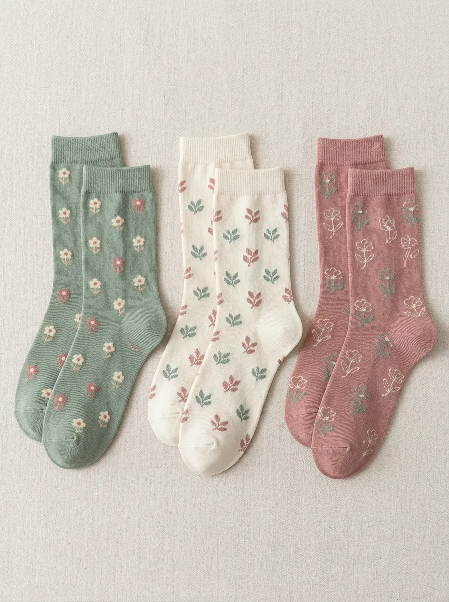 Women's 3-Pair Botanical Floral Crew Sock Set
