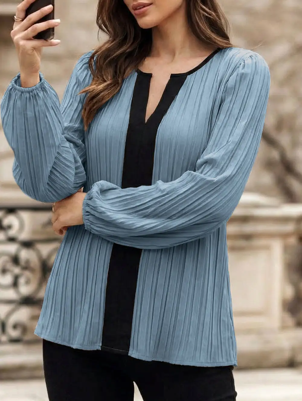 Panel V Neck Puff Sleeve Blouse Tee