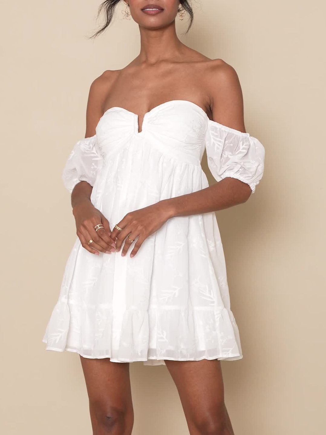 White Embroidered Off-The-Shoulder Mini Dress
