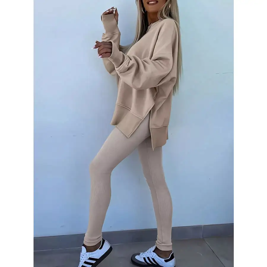 Solid Oversize Slit Sweatshirt and Ribbed Leggings 2pcs Set
