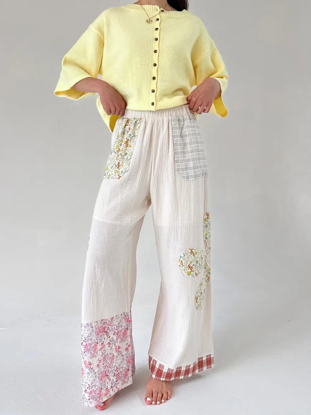 Textured Patchwork Wide Leg Pants