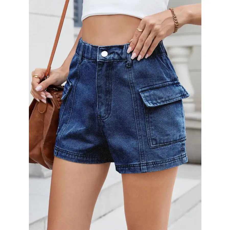 High Waist Cargo Denim Shorts