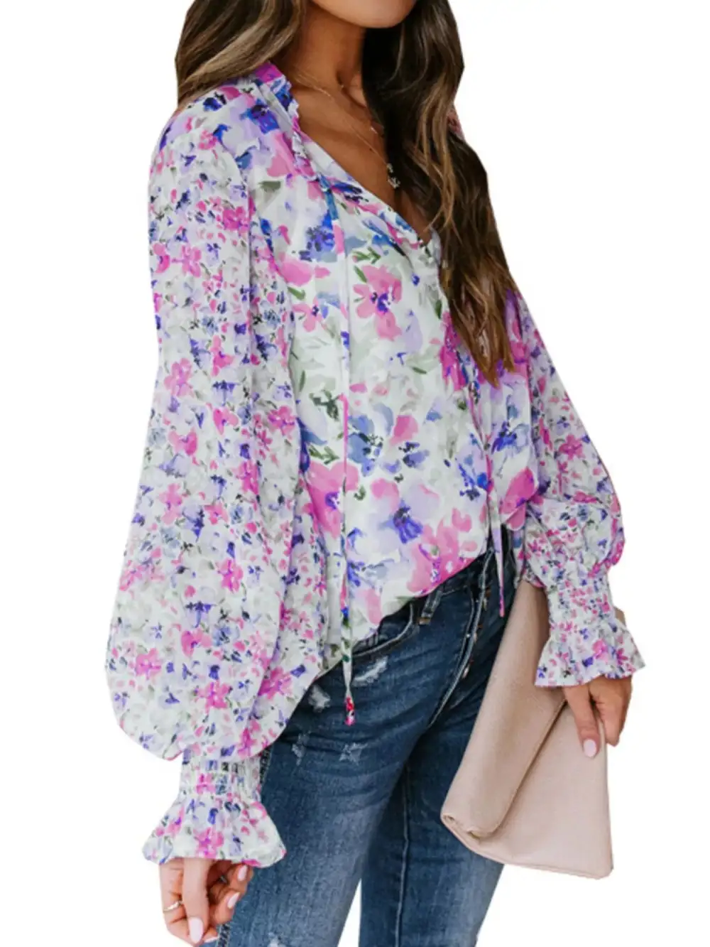 Floral Print Smocked Cuff Blouse Plus