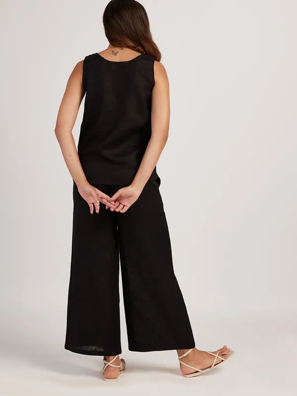 Black Linen Matching Set with Round-Neck Tank & Wide-Leg Pants